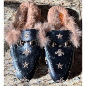 Gucci Black and Beige Fur Embroidered Mules